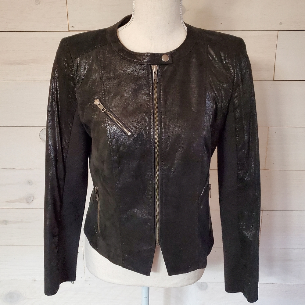 Halogen black leather moto jacket black shimmer front zip lined jacket size SP